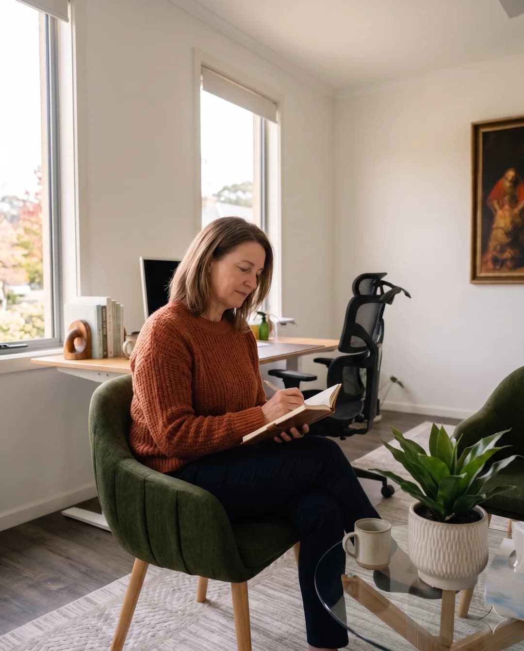 Woman journalling in a therapy-inspired setting